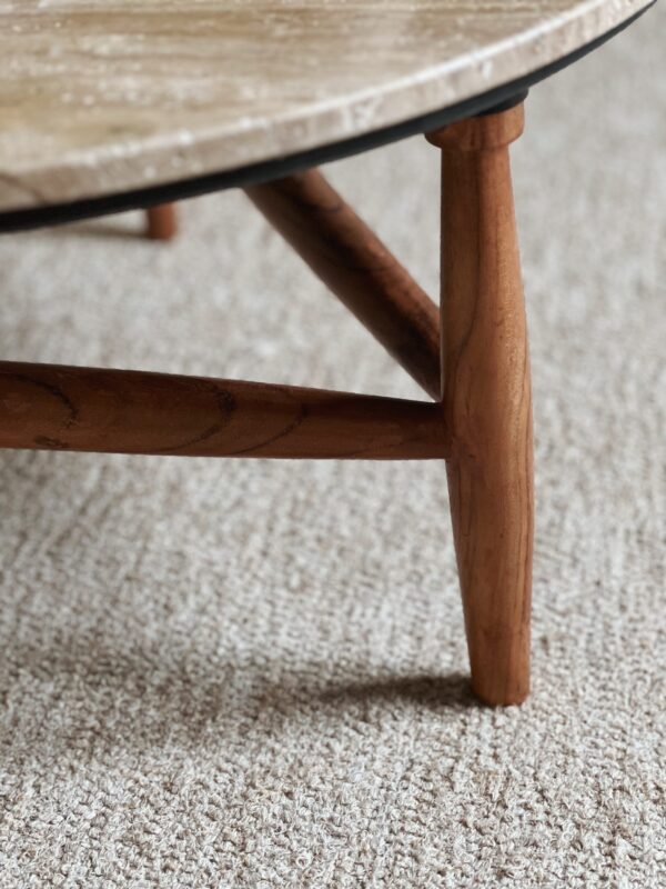 Table Basse en Travertin Ronde avec Pieds Bois