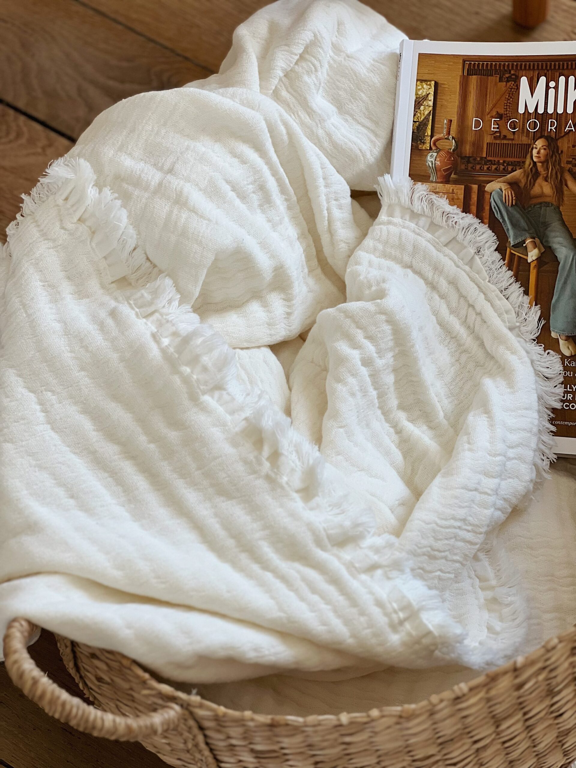 Plaid en coton ivoire avec franges