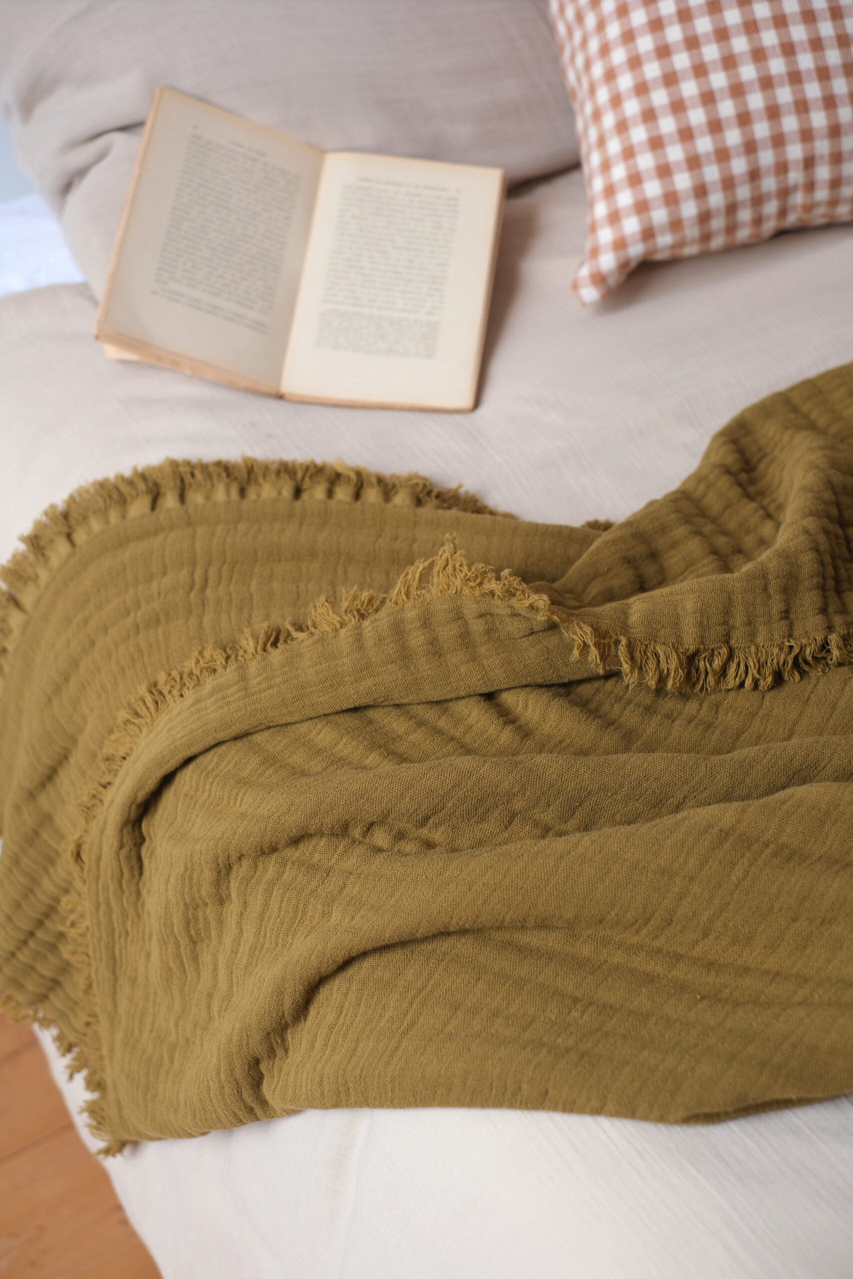 plaid en coton vert kaki