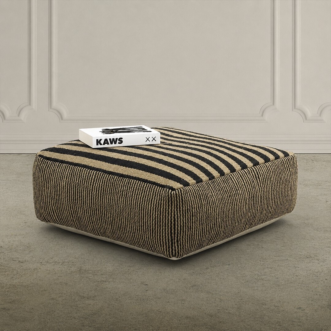 Pouf Rayé Noir / Naturel, Fibres Tissées