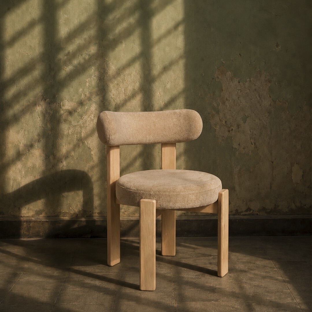 Chaise de salle à manger en tissu chenille beige et bois massif